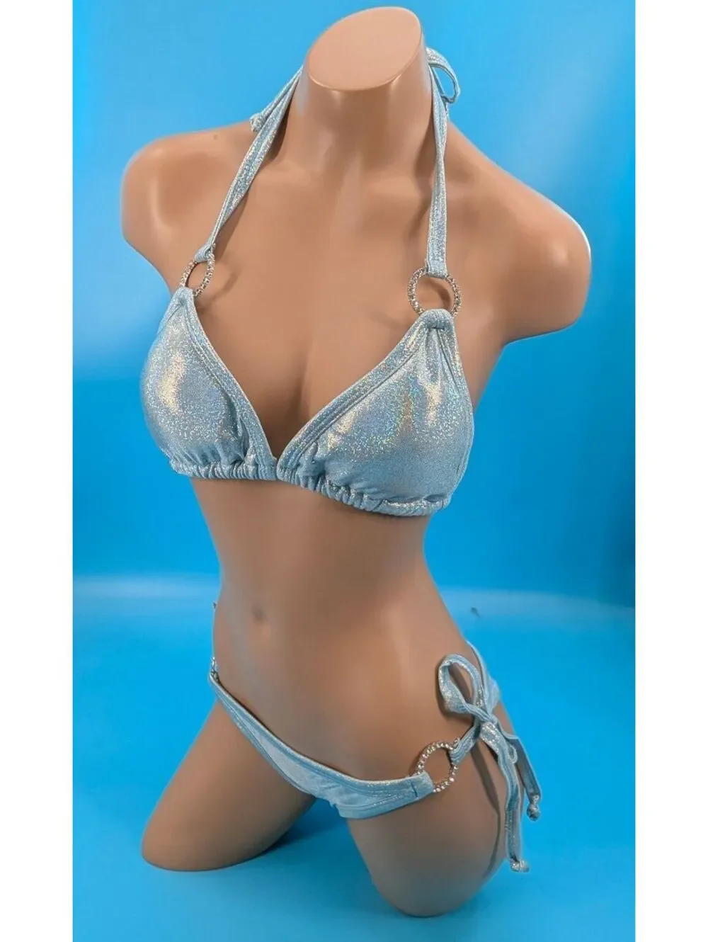 Daisy Beachwear Pucker butt Lt Blue Glitter Bikini w/ Rhinestone Rings NEW Large